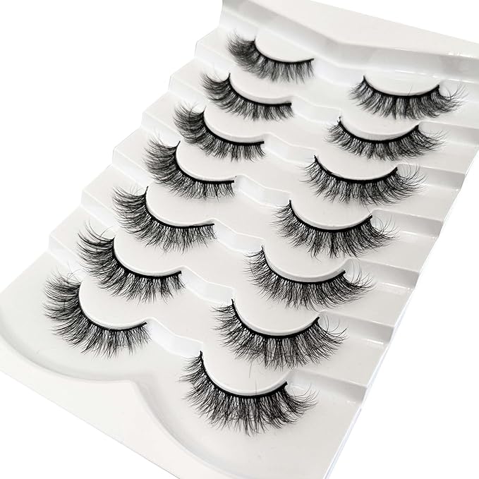 NINGLASH Wispy Lashes Strips False Eyelashes Natural Look 14mm Faux 3D Mink Lashes 7 Pairs Fluffy Cat Eye Lash Pack