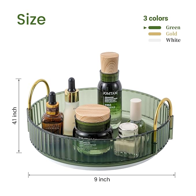 Rotating Makeup Organizer for Vanity, Skincare Make Up Tray for Bathroom Counter, Clear Perfume Storage Cosmetic Display Case Holder 360 Spinning(Green)