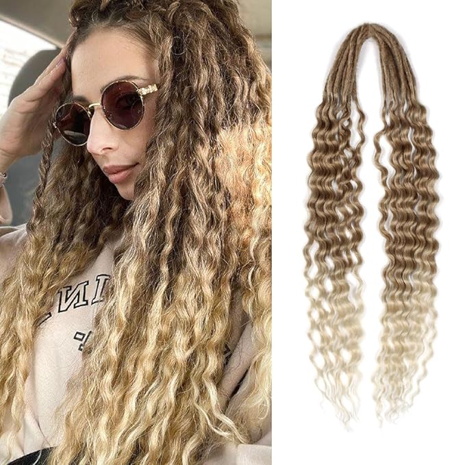 24 In Curly Dreadlock Extensions, 10 Strands Brown to Blonde Synthetic Double Ended Dreads Extensions, 100% Handmade Dreads Hippie Style Dreadlocks for Woman