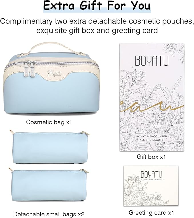 BOYATU Travel Makeup Bag Set: Portable Make up Bag for Traveling - Leather Cosmetic Bags for Women - Waterproof Toiletry Organizer Bags with Handle (D-05-Blue)
