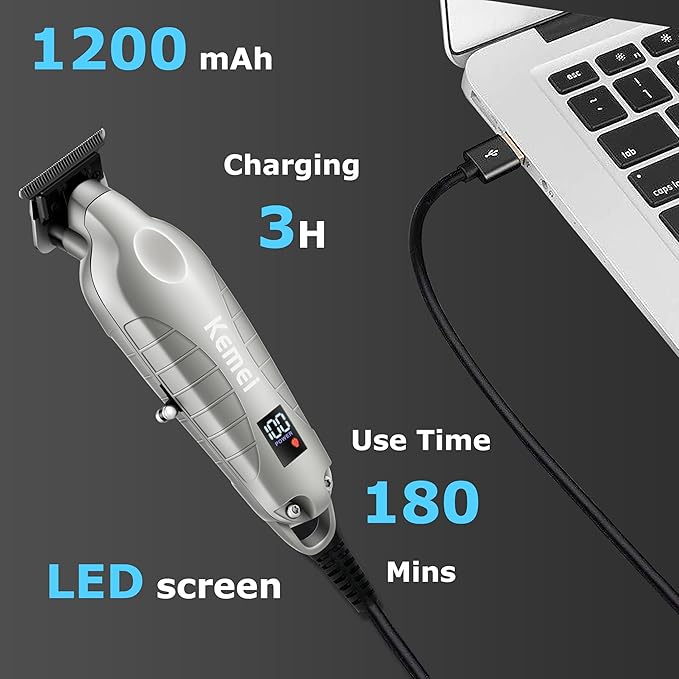 KEMEI 2293 Professional Hair/Beard Trimmer for Men Zero Gapped Hair Clippers for Barber with T Blade, Cordless Rechargeable, Silvery