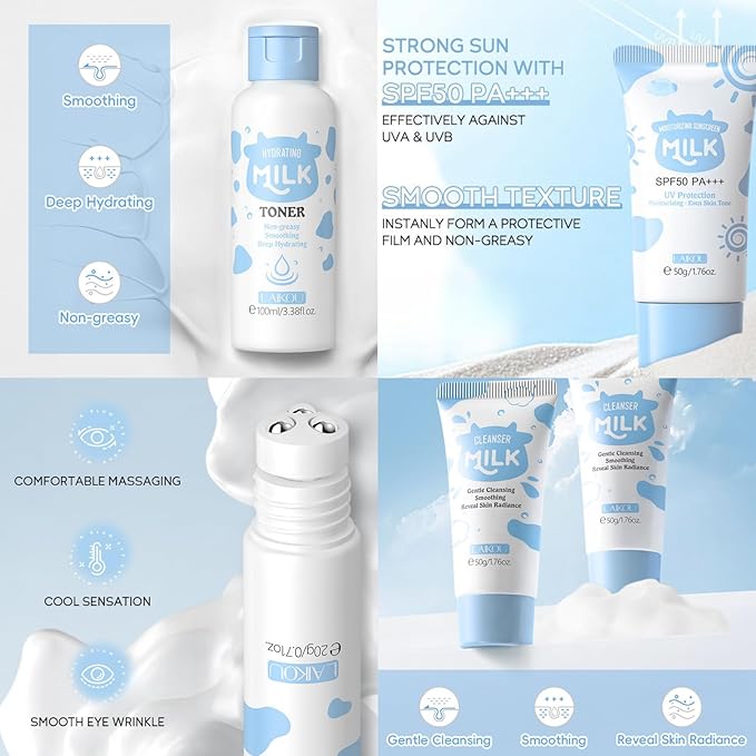 Milk Skincare Sets for Teen Girls - Face Care Kit with Sunscreen, Serum, Toner, Eye Cream - Moisturizing & Firming - Unisex - Skin Care Set