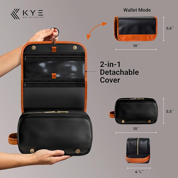 Leather Hanging Travel Toiletry Bag for Men with Removable Cover and Hanging Hook - Dopp Kit for men - Makeup Bag Organizer for Women for all your Travel Essentials