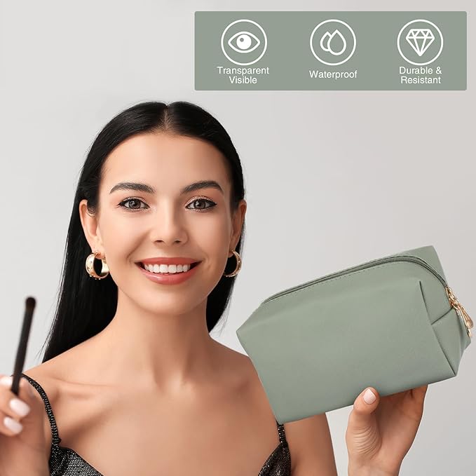 Sanwuta 9 Pcs Preppy Makeup Bag PU Leather Cosmetic Bag Makeup Pouch Plain Waterproof Toiletry Organizers for Traveling Preppy Travel Purse End of the Year Teacher Gifts Bulk(Dark Green)