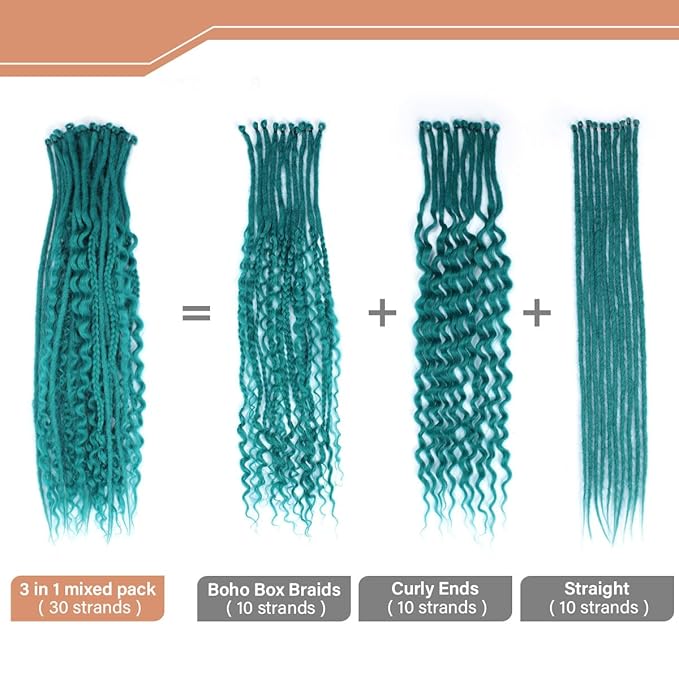 24 Inch 30 Strands SE Dreadlock Extensions Sets，3 In 1 Mixed Synthetic Dreads Extensions, Castleton Green Straight&Curly&Boho Handmade Dreads Hippie Style Dreadlocks for Woman