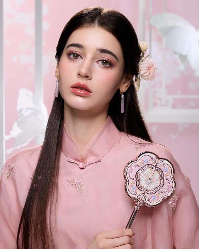 Flower Knows Butterfly Cloud Collar Hand Mirror,Portable Vintage Handheld Mirror,Durable Metal Mirror,Cute & Aesthetic Princess Mirror,with Long Handle for Easy Holding,Gift for Girls(Lotus Pink)