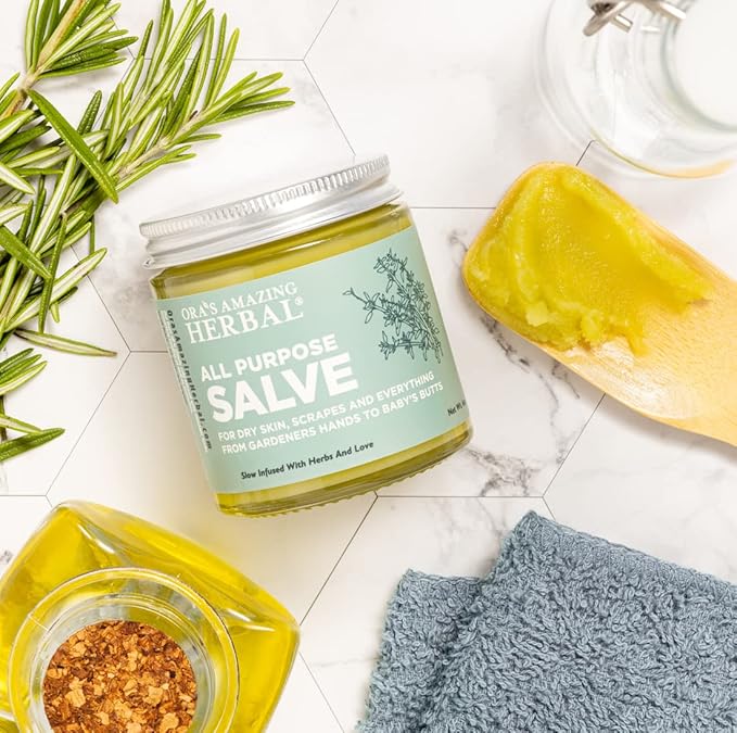 Ora's Amazing Herbal All Purpose Salve, Natural Healing Ointment, Tea Tree Balm, Comfrey Calendula Thyme Plantain, Hand Salve, Rash Cream, Dry Skin Repair, Itch Relief, 1 oz Glass Jar