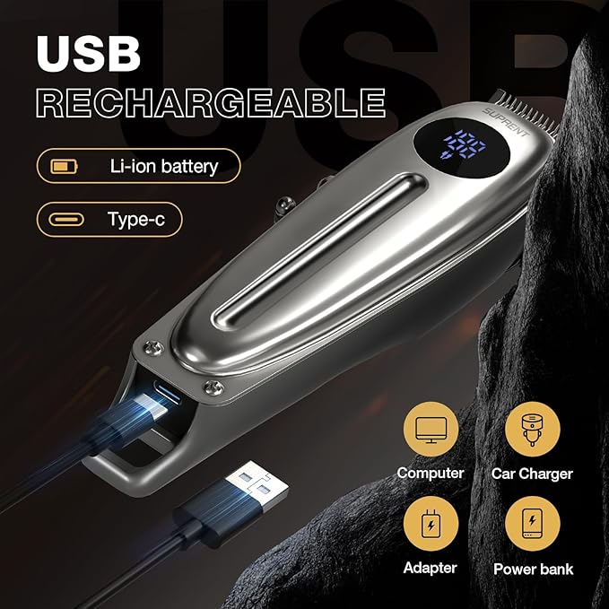 SUPRENT Professional Rechargeable Hair Clipper-Hair Clippers for Men, Cordless Hair Cutting Kit with LED Display (Silver)