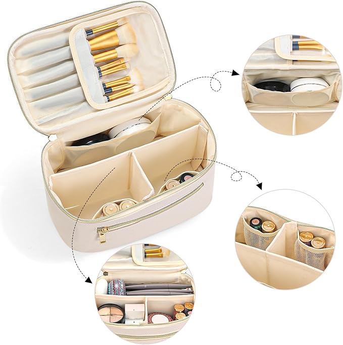 Travel Makeup Bag Organizer, Large Capacity Cosmetic Pouch for Women, Waterproof Make Up Bag with Divider, Clamshell Makeup Case Make Up Bag with Handle and Metal Zipper, Travel Essentials White