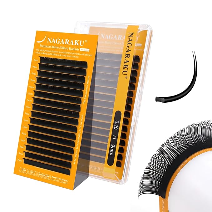 NAGARAKU Flat Ellipse Eyelash Extensions, 5TH GEN AIR SERIES Double Tips Lashes Lighter Thinner Flat Split Tips Individual Lash Matte Black Classic False Eyelashes 16 Rows -0.20 D Curl 9mm