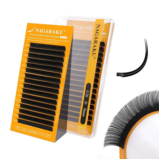 NAGARAKU Flat Ellipse Eyelash Extensions, 5TH GEN AIR SERIES Double Tips Lashes Lighter Thinner Flat Split Tips Individual Lash Matte Black Classic False Eyelashes 16 Rows -0.20 D Curl 9mm