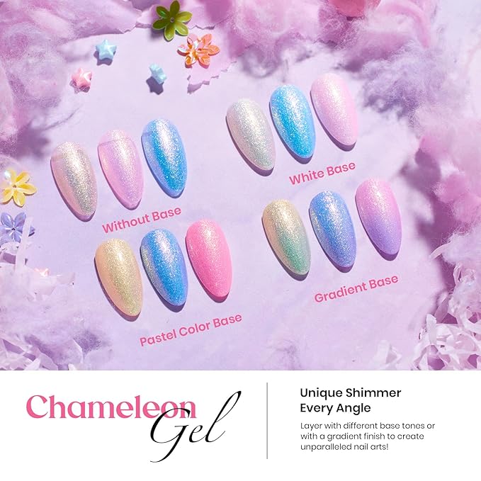 Beetles 24Pcs Gel Nail Polish Set, Pink Purple Pearl Pastel Blue Shimmer Chameleon Green Colors 2025 Spring Gel Polish Kit, 3Pcs Base Top Coat and Double-ended Brush Soak off UV