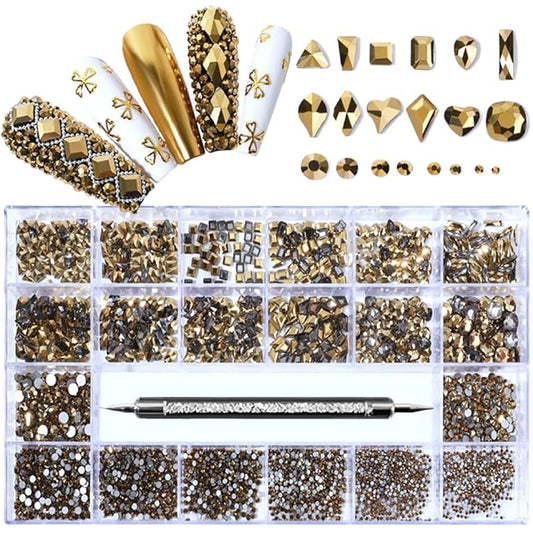 3100Pcs Nail Crystal Rhinestones Kit, Mix Shapes AB Glass, 3D Diamonds Flatback Crystals, with a Drill Pen, Nail Crystal Non Hotfix, Nail Art Decoration(Mineral Gold)