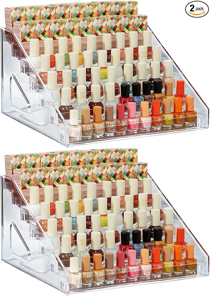 Nail Polish Organizer 84 Bottles of 7 Layers Sunglass Organizer Acrylic Display Rack Eyeglasses Storage Essential Oils Holder Makeup Organizer No Tool Needed Assembly, Clear (2 Pack)