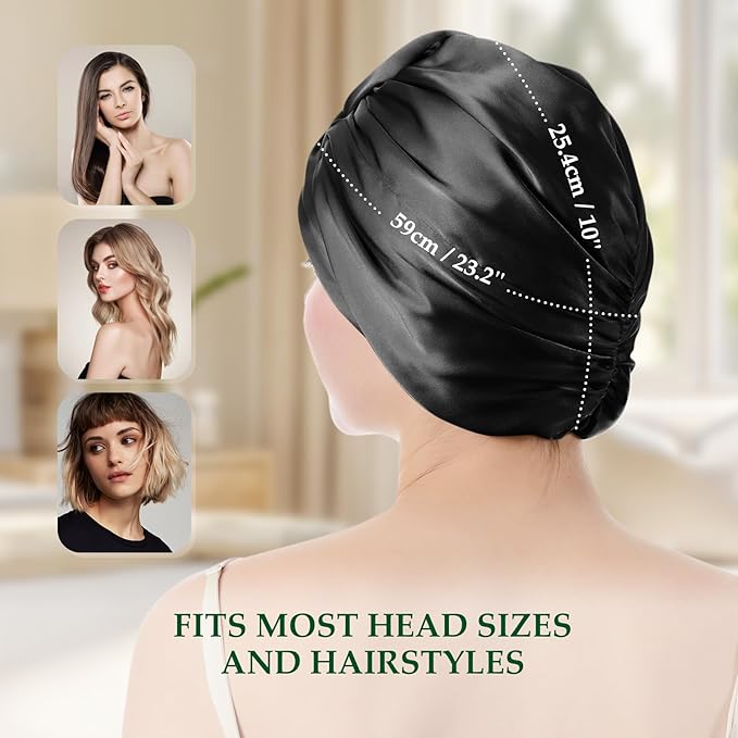 Silk Bonnet for Sleeping Women, 100% Mulberry Silk Sleep Cap with Elastic Band, Real Mulberry on Both Sides, Black