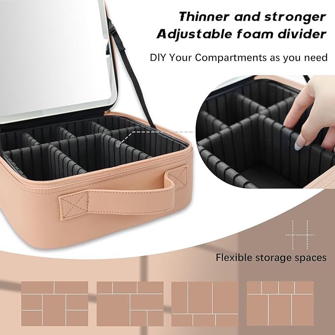 Travel Makeup Bag with LED Lighted Mirror,Cosmetics Organizer, Makeup Bag with 3 Color Lighted Setting, Portable Storage and Adjustable Dividers Travel Makeup Bag(khaki)