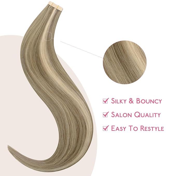 WENNALIFE Tape in Hair Extensions Human Hair Ash Brown Highlighted Golden Blonde Tape in Extensions, 10pcs 25g 14 inch Remy Invisible Tape Ins Straight Colored Soft Tape in Extensions Refill Set