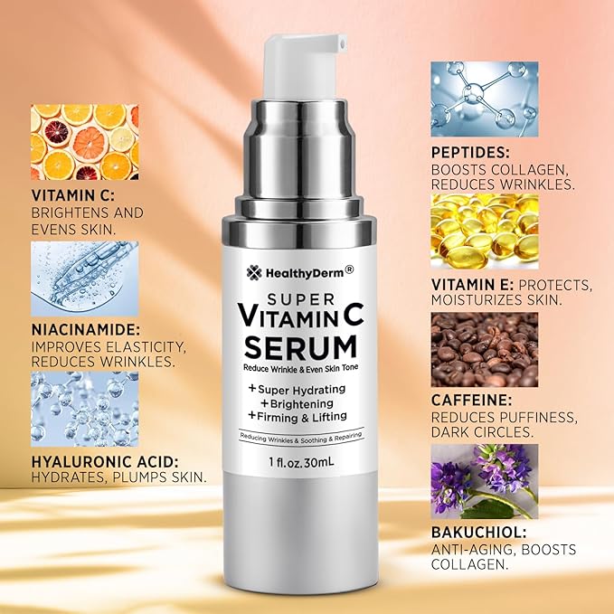 Super Vitamin C Serum for Women Over 70: Vitamin C, Hyaluronic Acid, Vitamin E, Caffeine, Hydrating, Lifting, Face Wrinkle & Age Spots Reduction