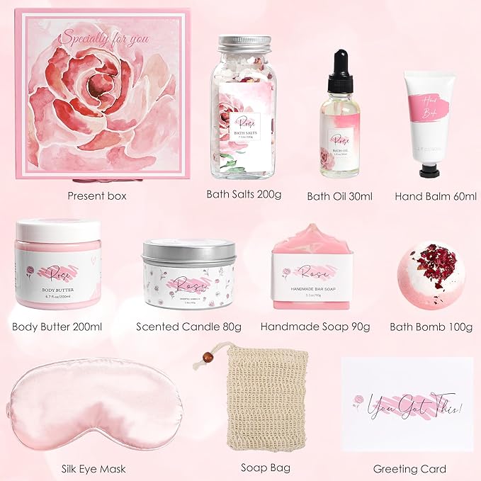 Mother's Day Gifts，Rose Spa Gifts Set, Bath Gifts Set for Women, Relaxing Spa Gift Basket for Women, Self Care Package, Home Spa Products, Birthday Gifts for Mom Mother's Day (Rose)