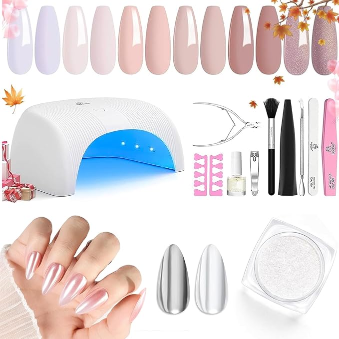 Beetles Gel Nail Polish Kit with LED Light Base & Top Coat, 6 Neutral Nude Colors, Chrome Nail Powder, 1g Glazed Silver