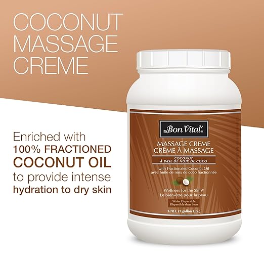 Bon Vital' Coconut Massage Creme with 100% Pure Fractionated Coconut Oil, Massage Cream & Moisturizer to Repair Dry Skin, No Greasy Feel, Professional Massage Anti-Aging Cream, 1 Gal, Label may Vary