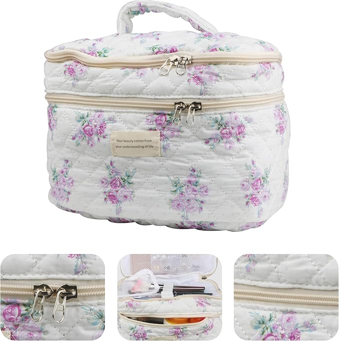 Dual Layer Cute Makeup Bag for Women(3 Pcs), Quilted Floral Coquette Aesthetic Make up Bags, Travel Cosmetic Bags Toiletry Organizer Bag(Purple Grass)
