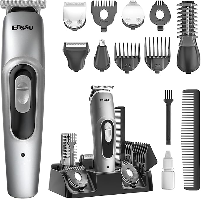ENSSU Beard Trimmer for Men, 6-in-1 Cordless Body Grooming Kit with Hair Clippers, Beard, Ear & Nose Trimmer, Rechargeable Electric Razor Shaver