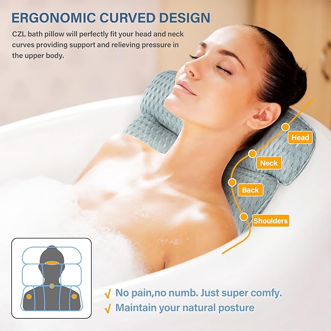 Bath Pillow Bathtub Pillow for Tub Luxury Bath Tub Pillows for Tub Neck and Back Support with 4D Air Mesh Fabric and 8 Strong Powerfull Non-Slip Suction Cups Relaxing Bath Accessories Spa Gifts, Grey
