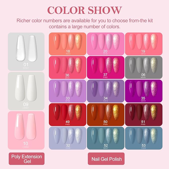 42PCS Gel Nail Polish Kit with U V Light and Drill, 15 Colors Nail Polish with 3 PCS Poly ExtensionGel 5PCS Top Base Coat Gel Manicure Starter Kit Gifts for Women