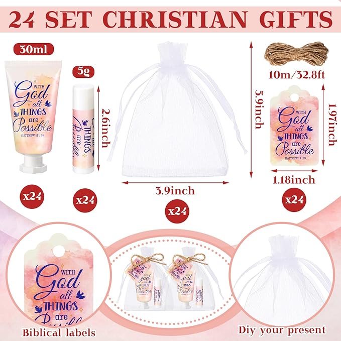 24 Sets Christian Hand Cream and Lip Balm Gift Set Christmas Christian Gift for Women Travel Size Hand Lotion Bible Verse Lip Balm Bulk for Baby Bridal Shower Mom Holiday Gift(Lovely)