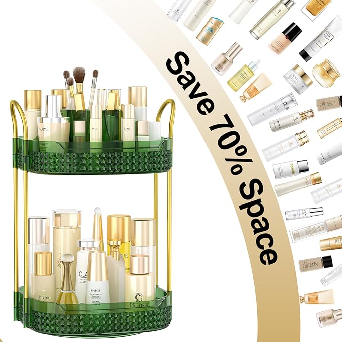 360° Rotating Makeup Organizer 2 Tier, Large Skincare Clear Make Up Storage Spinning Perfume Organizers for Bathroom Counter Dresser, Green