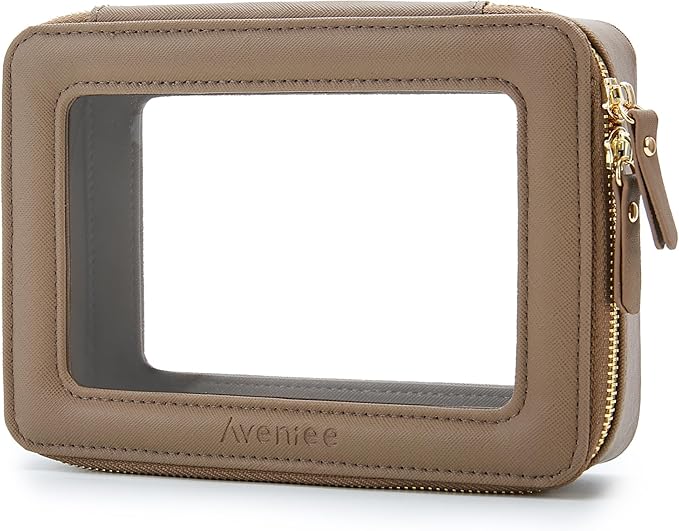 Aveniee Clear Makeup Bag for Women, Heavy Duty Make up Bag Organizer with Clear Windows & Gold Zippers (Taupe)