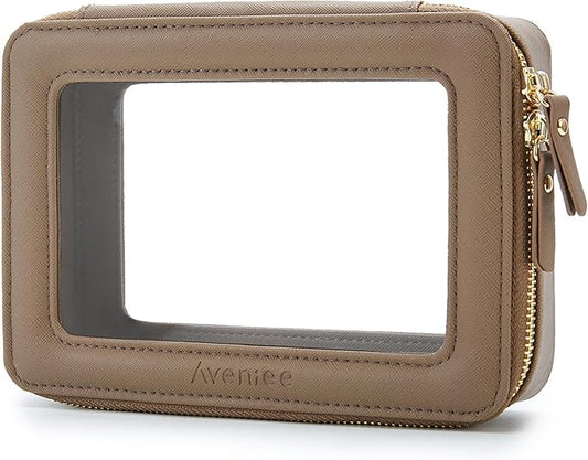Aveniee Clear Makeup Bag for Women, Heavy Duty Make up Bag Organizer with Clear Windows & Gold Zippers (Taupe)