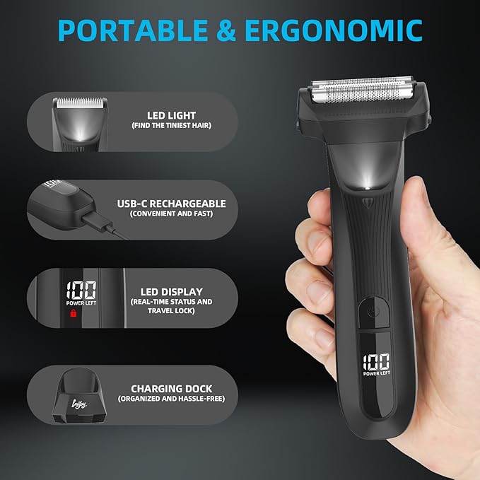 INVJOY Manscape Body Trimmer for Men, Waterproof Electric Razor/Shavers with Dual-Head for Facial, Pubic & Groin Hair Grooming, Ceramic & Foil Blades Hair Trimmer with LED - Birthday Gift for Him Dad