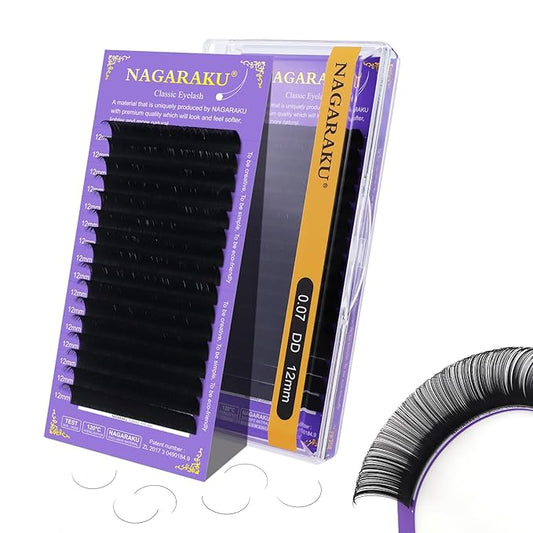 NAGARAKU Eyelash Extensions Individual Lashes Extensions Classic Lash Matte Black 16 Rows Soft Natural Matte Black Professional Beauty Salon Lash Supplies -0.07DD 12mm