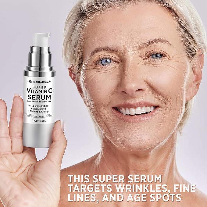 Super Vitamin C Serum for Women Over 70: Vitamin C, Hyaluronic Acid, Vitamin E, Caffeine, Hydrating, Lifting, Face Wrinkle & Age Spots Reduction