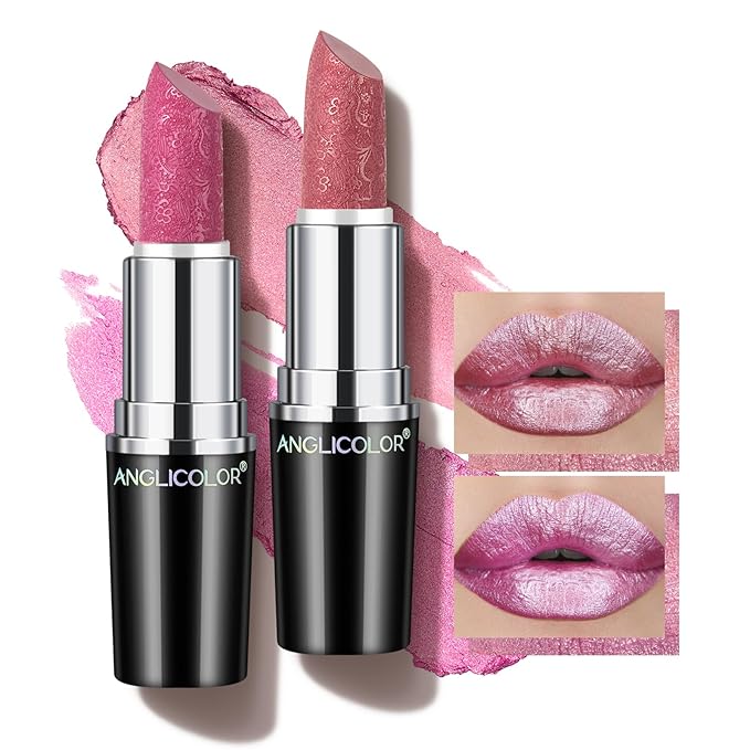 Angicolour 2pcs Glitter Lipstick - Pink, Creamy Moisturizing Formula, Metallic Finish, Full-Coverage, Vegan & Cruelty-Free