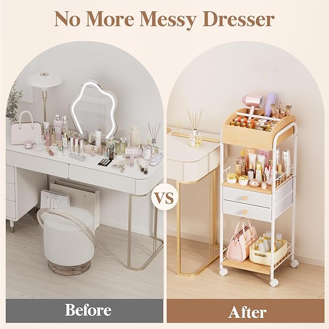 Lifewit Floor Makeup Organizer Storage Cart with Drawers and Wheels, Skincare Cosmetics Organizers with Removable Top Tray, Vanity Organizer for Nail Polish Perfume Makeup Brush, Ideal Gift, White