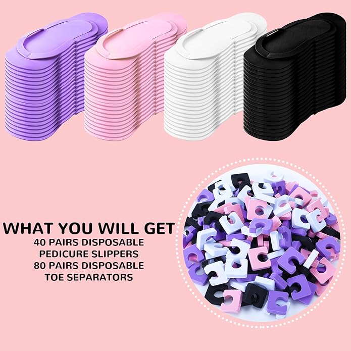 Suhine 120 Pairs Disposable Pedicure Slippers and Toe Separators Kit 40 Pairs Disposable Foam Flip Flops 80 Toe Separators for Women Nail Hotel Salon Spa Party