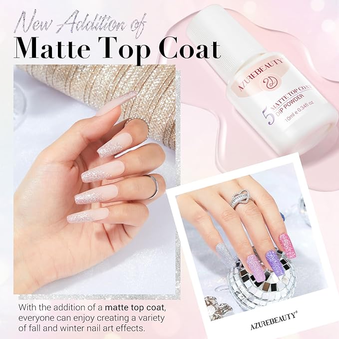 AZUREBEAUTY Dip Nails Powder Starter Kit, Silver Pink Blue Purple Black Shiny Chrome Platinum 8 All Season Colors with Nail Sticks, Base Glossy/Matte Top Coat Activator Liquid Set Manicure Art 30 PCS