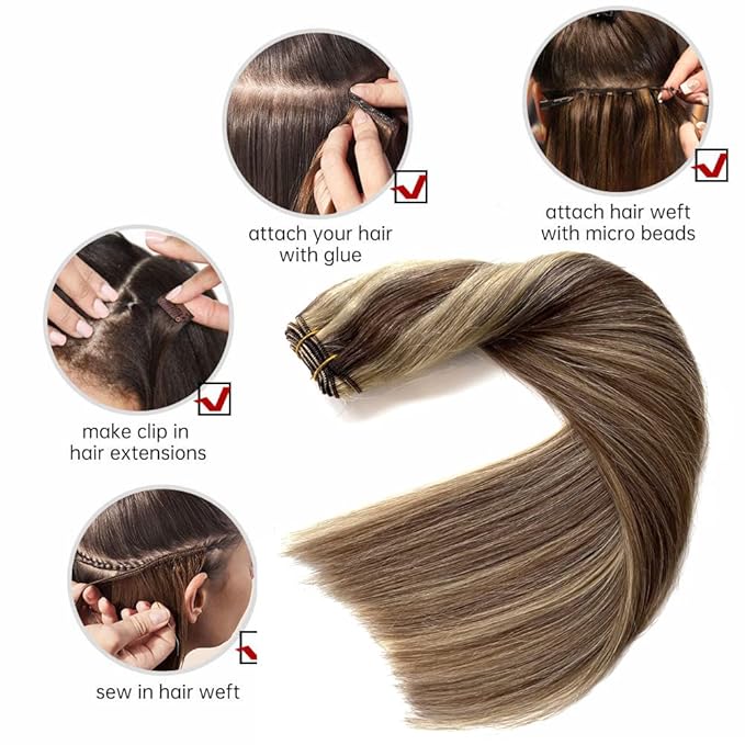 Sew In Real Human Hair Extensions, 20 Inch 100G Weft, Ash Brown Balayage Honey Blonde Highlights, Hand Tied, Remy Human Hair Bundles, Sew In for Women