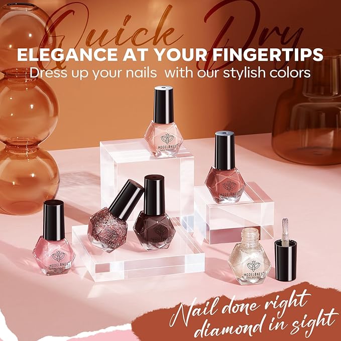 modelones Nail Polish Set 6 Colors, White Brown Nude Burgundy Pink Quick Dry Mini Nail Lacquer Kit, Glitter Shimmer Sparkle Red Nail Art, DIY Home Salon Manicure Gift for Women Girl