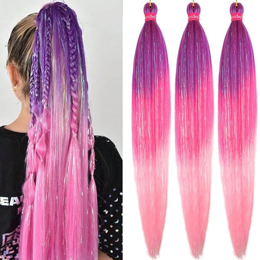 Upgraded Braiding Hair Extension Mix Tinsel, Pre Stretched Braiding Hair for Braiding Twist Braids Itch Free Hot Water Setting Yaki Straight Hair