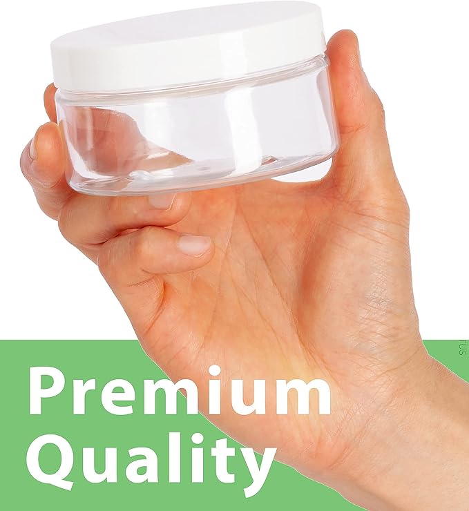 JUVITUS 8 oz Clear PET Plastic Low Profile Jar with White Smooth Lids (12 Pack) BPA Free Large Refillable Empty Storage Containers