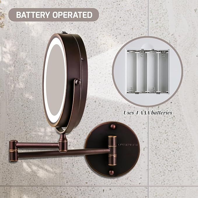 OVENTE 7" Lighted Wall Mount Makeup Mirror with 1X/10X Magnification, Cordless Double Sided Magnifying Round Vanity Mirror, 360° Swivel Design, Extendable and Folding Arm, Antique Bronze MFW70ABZ1X10X