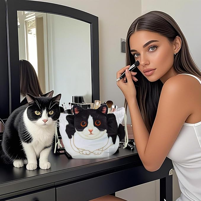 Drawstring Makeup Bag, Cat Makeup Bag, Travel Makeup Organizer, Cosmetic Pouch Bag, Cat Gift for Women, Lay Flat Makeup Bag Gifts for Cat Lovers