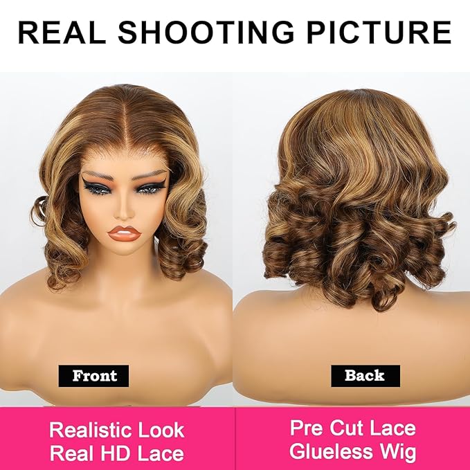 ISEE Wear Go Glueless Wigs Human Hair Pre Plucked Pre Cut Short Bob Body Wave Lace Front Wigs Human Hair for Women Upgraded Glueless Bob Wig 7x5 HD Lace Closure Wigs (Highlight Ombre, 12 Inch)