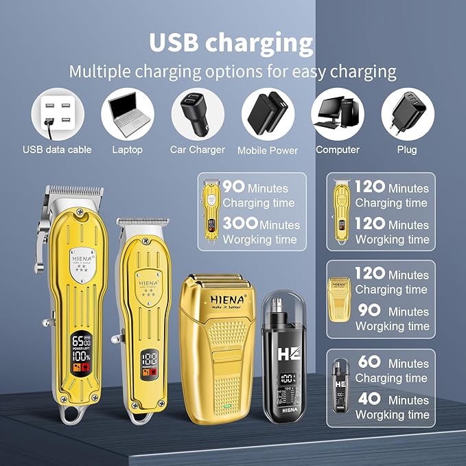 Professional Hair Clipper Set, Rechargeable Cordless Barber Kit and Hair Cutting Set, Electric Foil Shavers and Beard Trimmers, Ear, Nose Hair Trimmer Set & Facial Grooming Tool (Gold)