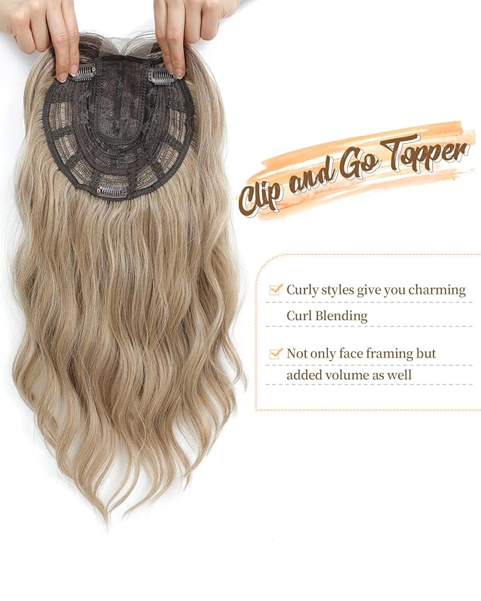 PANEWAY Hair Topper 16Inch Hair Toppers For Women Wavy Curly Ombre Blonde With Dark Root Clip In Hair Topper Add Hair Volume Synthetic Wiglets Hair Pieces For Women