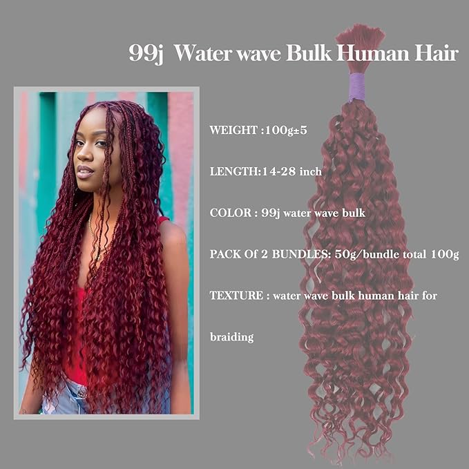 99J Water Wave Human Braiding Hair No Weft 100g (1Pack-2Bundles) 100% Unprocessed Virgin Human Hair For Bohe Braids Micro Braiding Human Hair (Water Bulk（99J), 18 Inch)